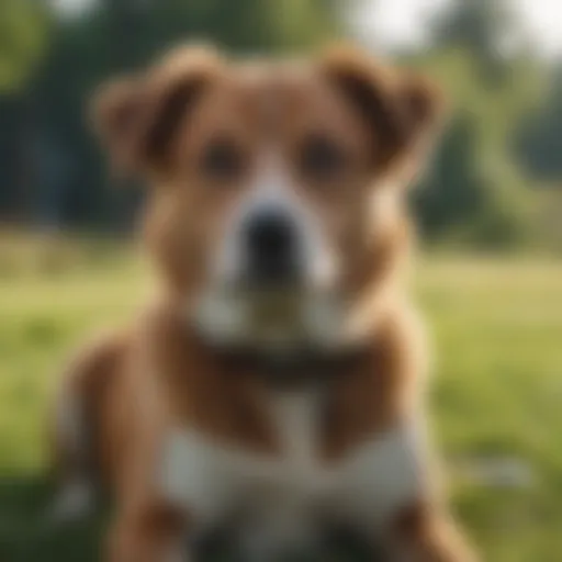 A dog with a concerned expression, sitting on a grassy field