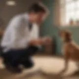 A worried dog owner examining their pet for signs of diarrhea