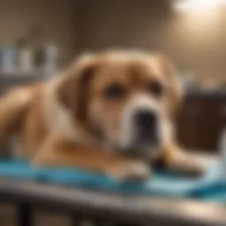 A distressed dog lying on a vet examination table