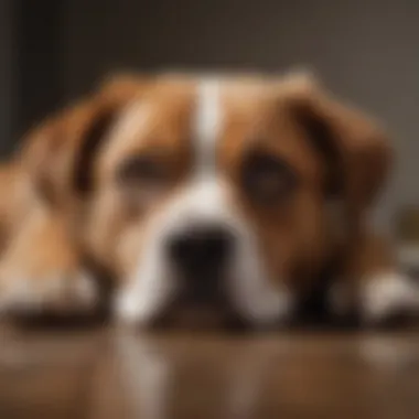 A concerned dog lying down with a sad expression
