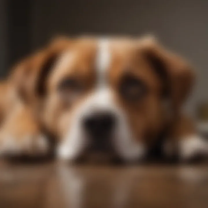 A concerned dog lying down with a sad expression